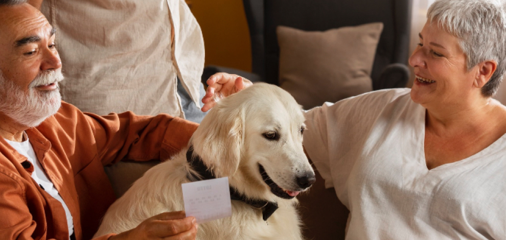 Deux seniors sont avec leur animal de compagnie, leur chien.