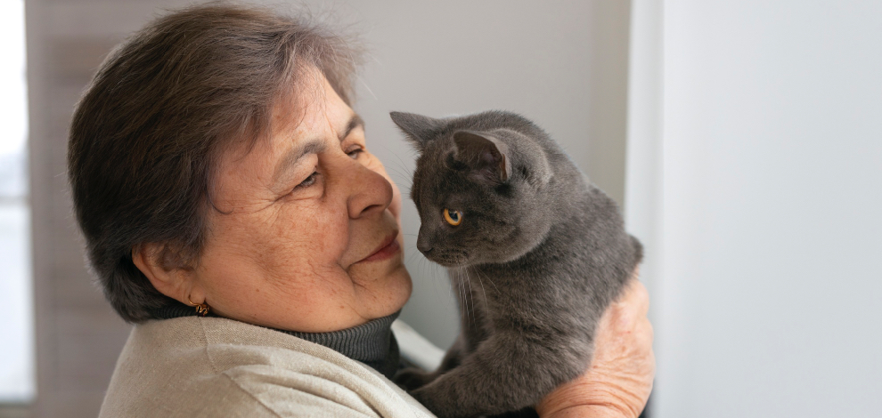 Une femme tient son animal de compagnie, son chat