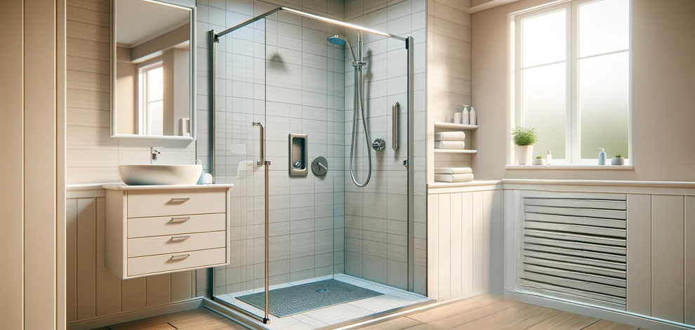Une salle de bain bien aménagée et sécurisée pour les seniors, équipée de barres d'appui, d'une douche de plain-pied et de revêtements de sol antidérapants.