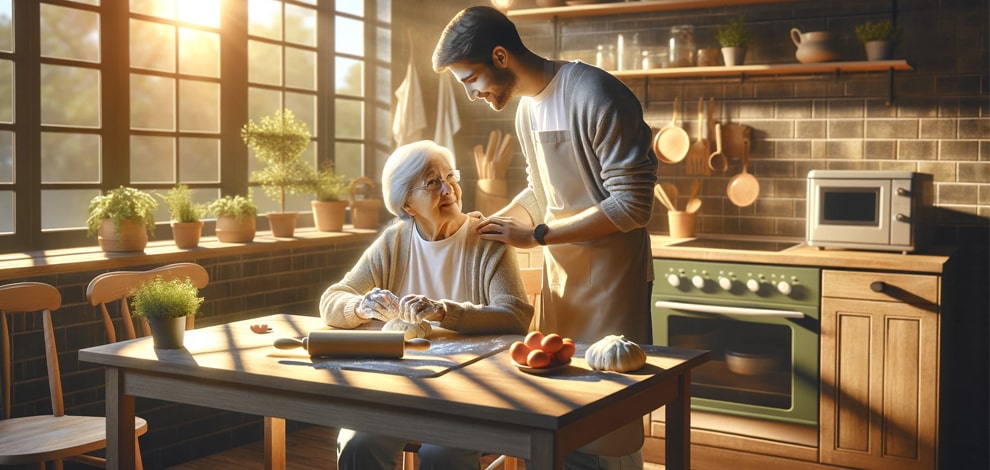 Une personne âgée et son assistant de vie partagent un moment de complicité en préparant un repas ensemble dans une cuisine lumineuse, symbolisant l'importance du soutien à domicile et de l'apprentissage des tâches quotidiennes pour le maintien de l'autonomie des seniors.