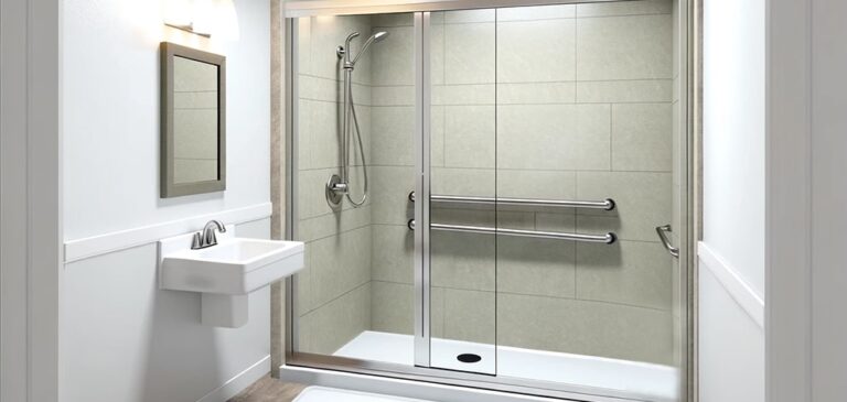 une douche de plain pied qui illustre le fait de remplacer sa baignoire par une douche sécurisée dans sa salle de bain